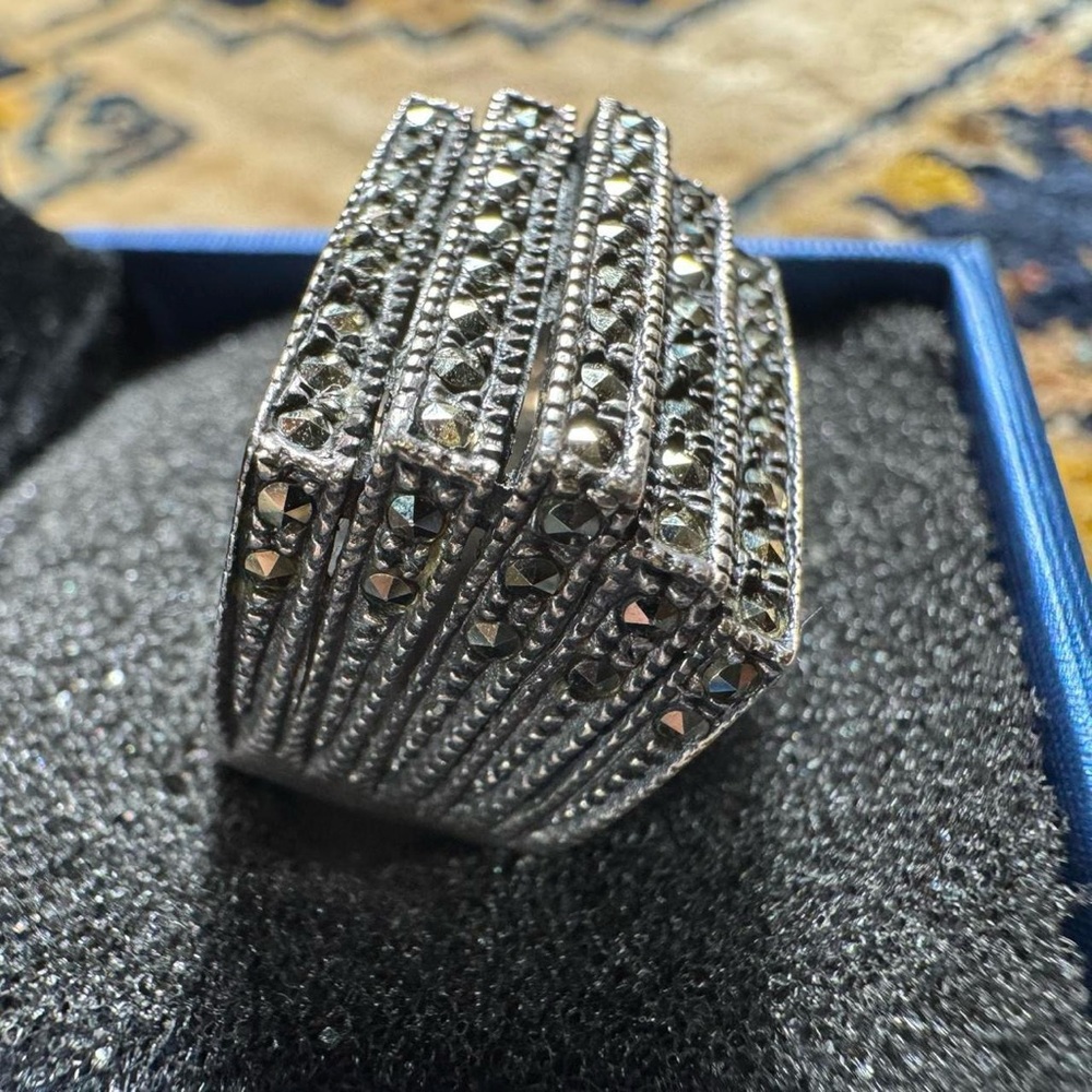 Vintage Sterling Silver Marcasite Multi Row Statement Ring Art Deco Gothic Sz 7